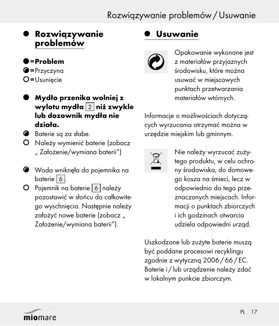 Rozwiązywanie problemów / usuwanie, Rozwiązywanie problemów, Usuwanie | Miomare Z30562 User Manual | Page 17 / 54