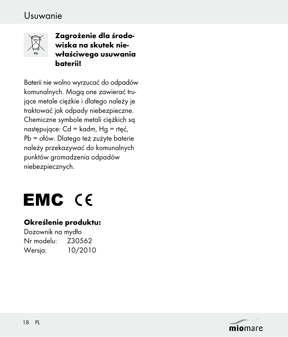 Usuwanie | Miomare Z30562 User Manual | Page 18 / 54