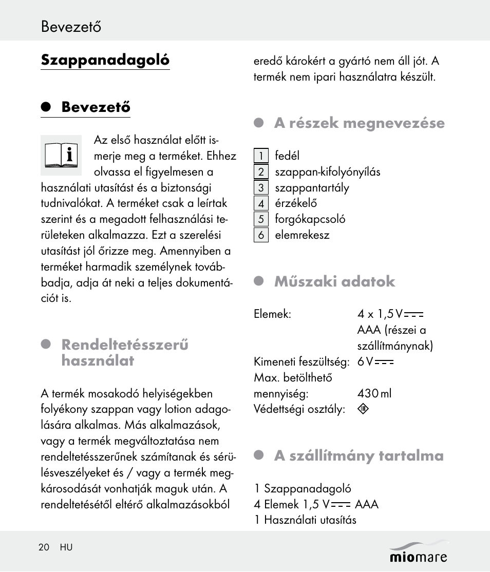 Bevezető, Szappanadagoló, Rendeltetésszerű használat | A részek megnevezése, Műszaki adatok, A szállítmány tartalma | Miomare Z30562 User Manual | Page 20 / 54
