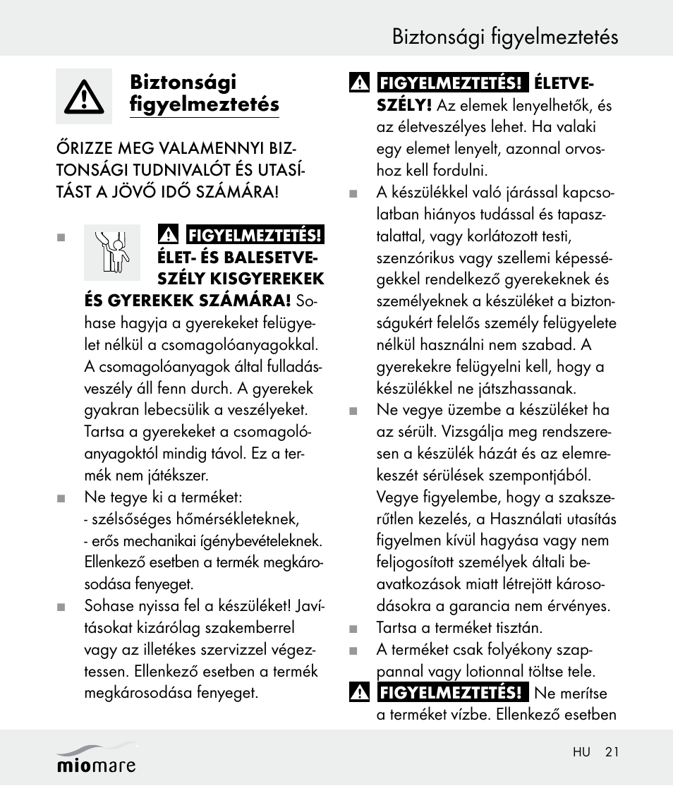 Biztonsági figyelmeztetés | Miomare Z30562 User Manual | Page 21 / 54