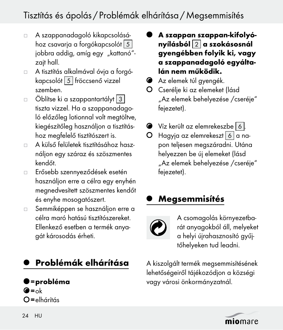 Problémák elhárítása, Megsemmisítés | Miomare Z30562 User Manual | Page 24 / 54