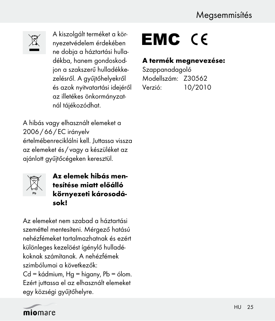 Megsemmisítés | Miomare Z30562 User Manual | Page 25 / 54