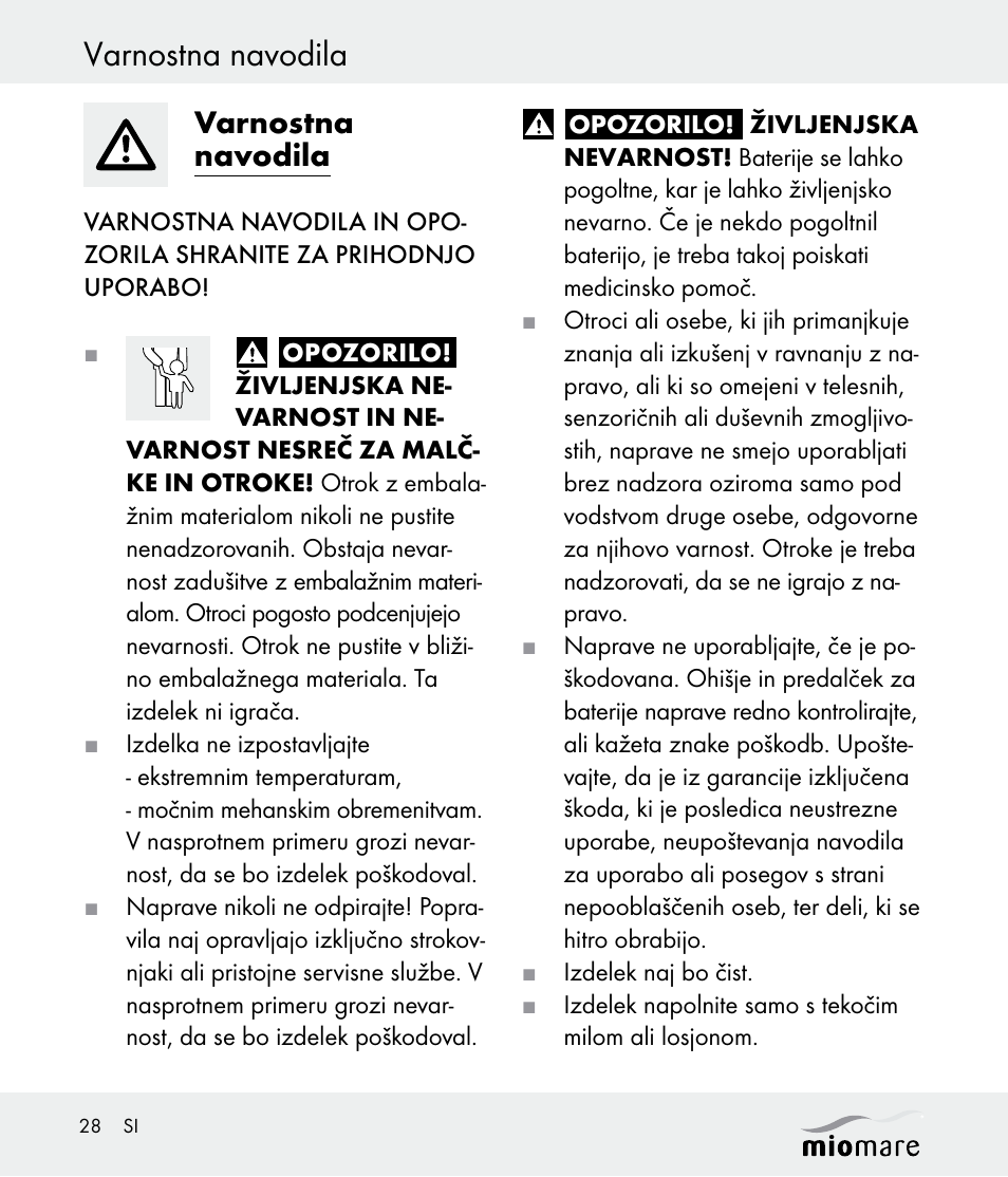 Varnostna navodila | Miomare Z30562 User Manual | Page 28 / 54