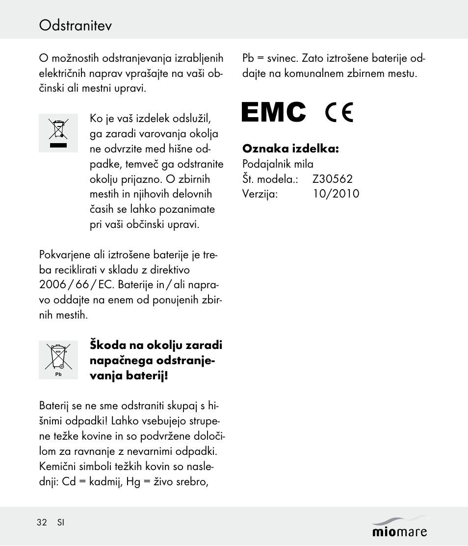 Odstranitev | Miomare Z30562 User Manual | Page 32 / 54
