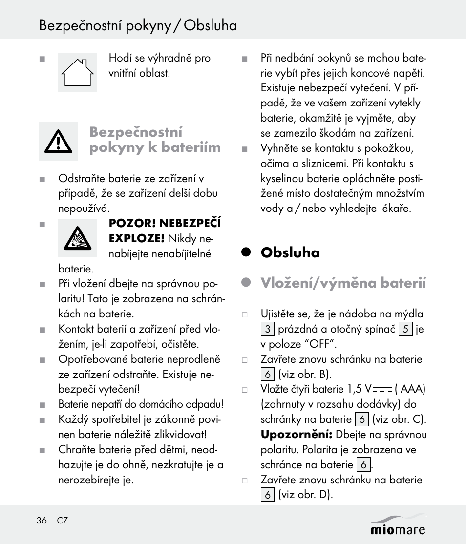Bezpečnostní pokyny / obsluha, Bezpečnostní pokyny k bateriím, Obsluha | Vložení/výměna baterií | Miomare Z30562 User Manual | Page 36 / 54
