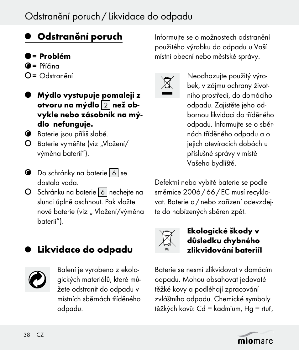 Odstranění poruch / likvidace do odpadu, Odstranění poruch, Likvidace do odpadu | Miomare Z30562 User Manual | Page 38 / 54