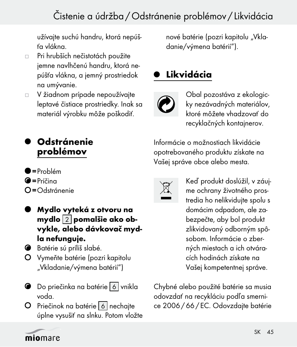 Odstránenie problémov, Likvidácia | Miomare Z30562 User Manual | Page 45 / 54