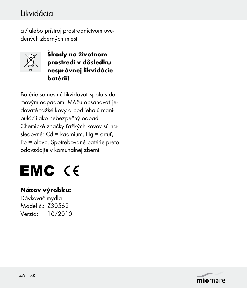 Likvidácia | Miomare Z30562 User Manual | Page 46 / 54