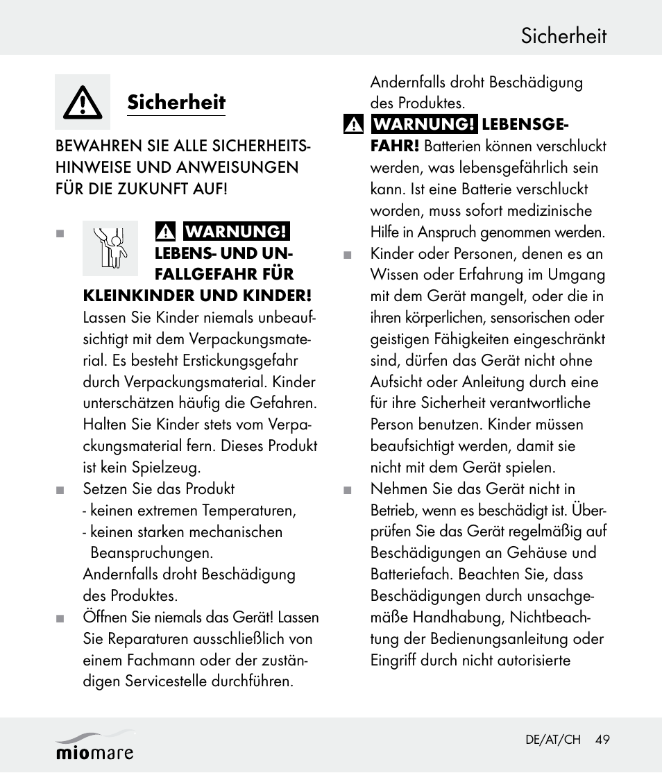 Sicherheit | Miomare Z30562 User Manual | Page 49 / 54