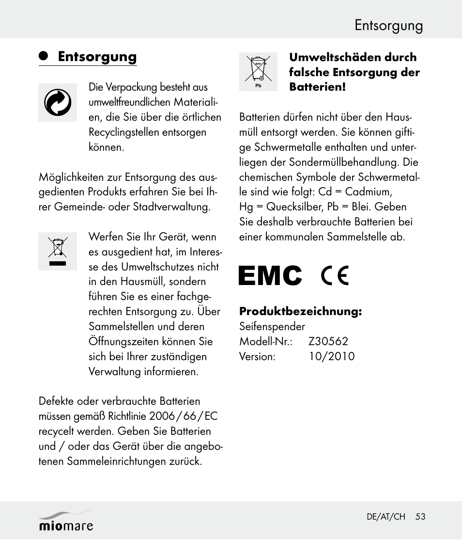 Entsorgung | Miomare Z30562 User Manual | Page 53 / 54