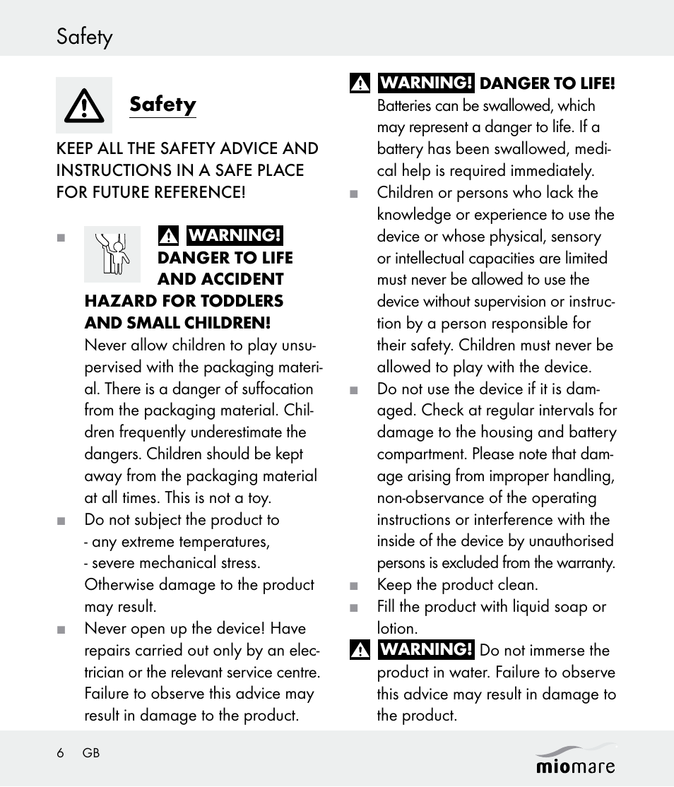 Safety | Miomare Z30562 User Manual | Page 6 / 54