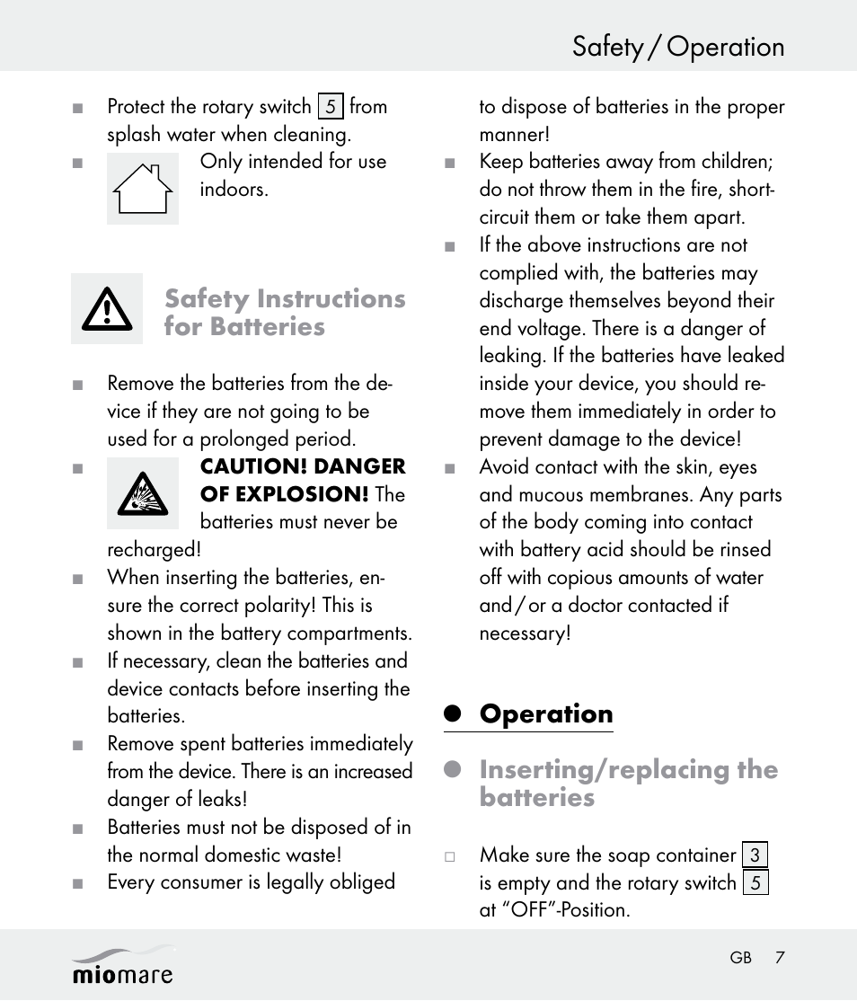 Safety / operation, Safety instructions for batteries, Operation | Inserting/replacing the batteries | Miomare Z30562 User Manual | Page 7 / 54