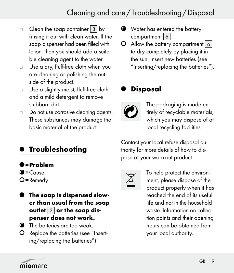 Cleaning and care / troubleshooting / disposal, Troubleshooting, Disposal | Miomare Z30562 User Manual | Page 9 / 54