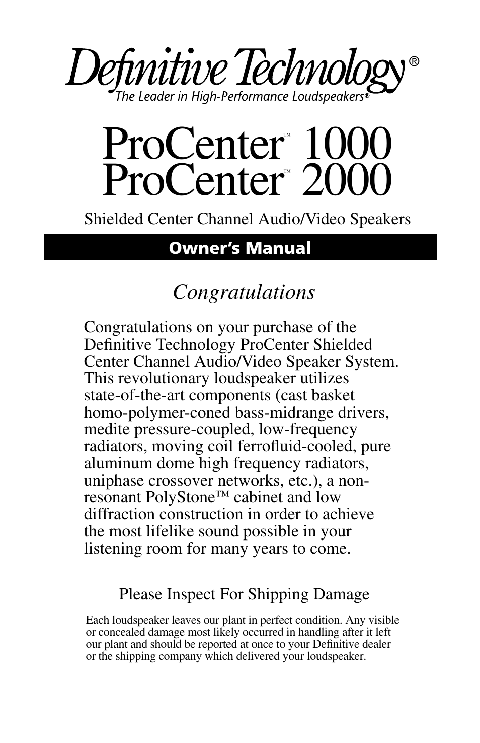 Definitive Technology ProCenter 2000 User Manual | 4 pages