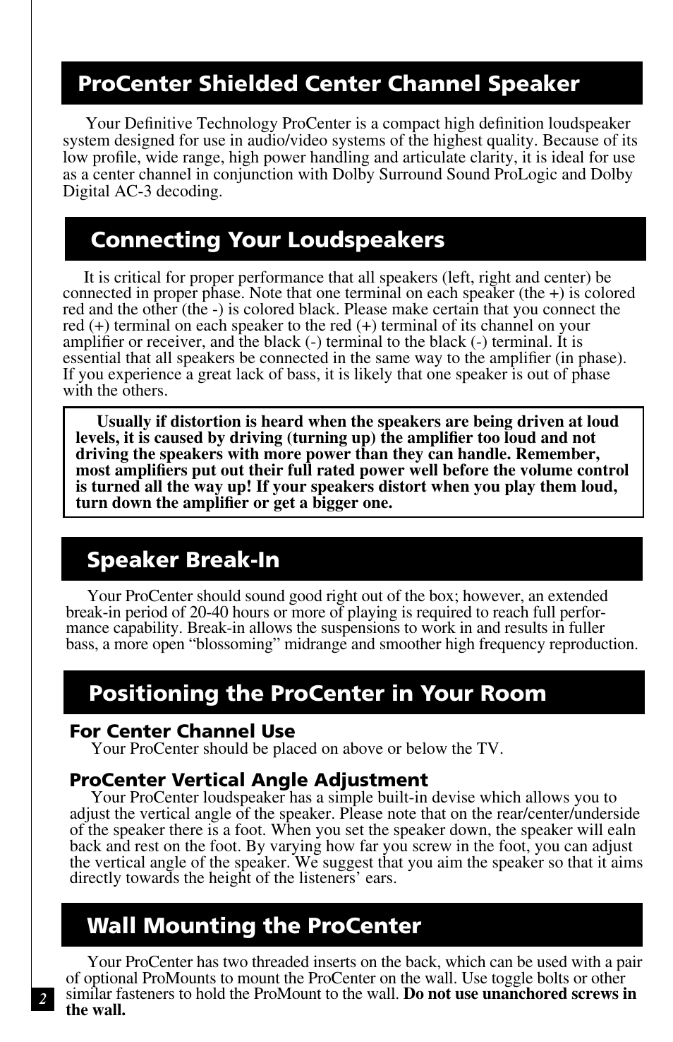 Wall mounting the procenter | Definitive Technology ProCenter 2000 User Manual | Page 2 / 4