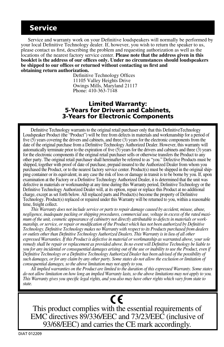 Service | Definitive Technology ProCenter 2000 User Manual | Page 4 / 4