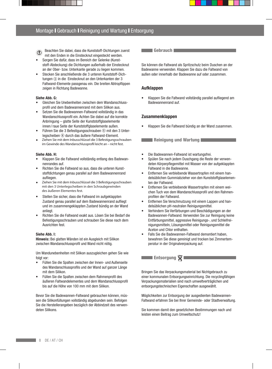 Montage gebrauch reinigung und wartung entsorgung, Garantie / service | Miomare VS3L User Manual | Page 6 / 70