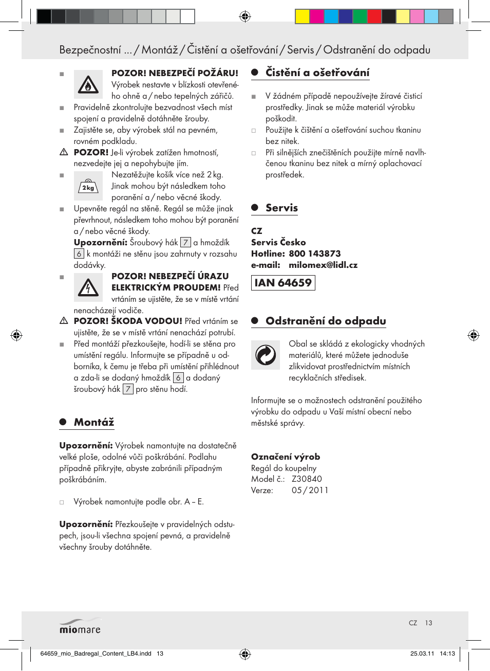 Montáž, Čistění a ošetřování, Servis | Odstranění do odpadu | Miomare Z30840 User Manual | Page 11 / 19