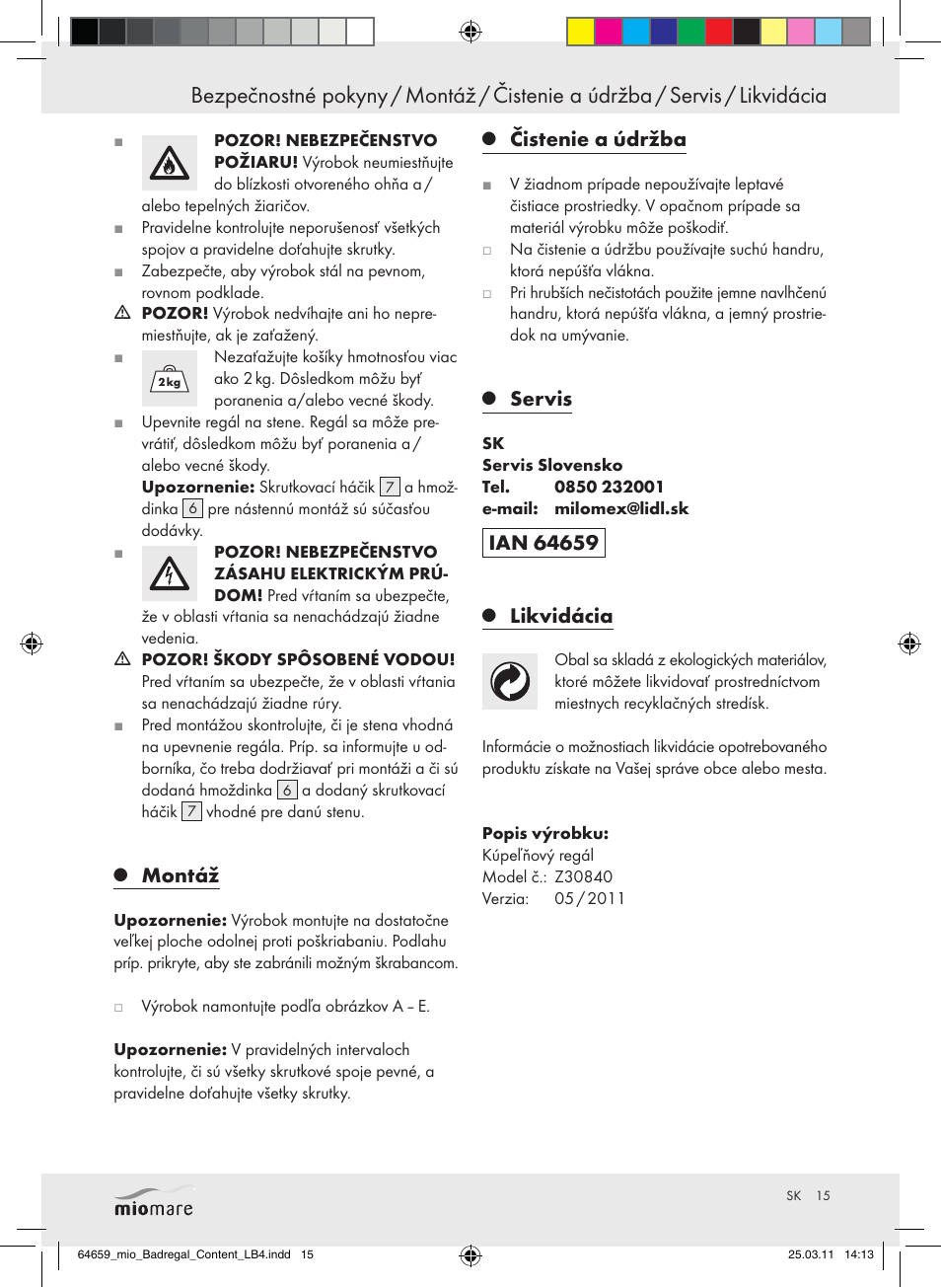 Montáž, Čistenie a údržba, Servis | Likvidácia | Miomare Z30840 User Manual | Page 13 / 19