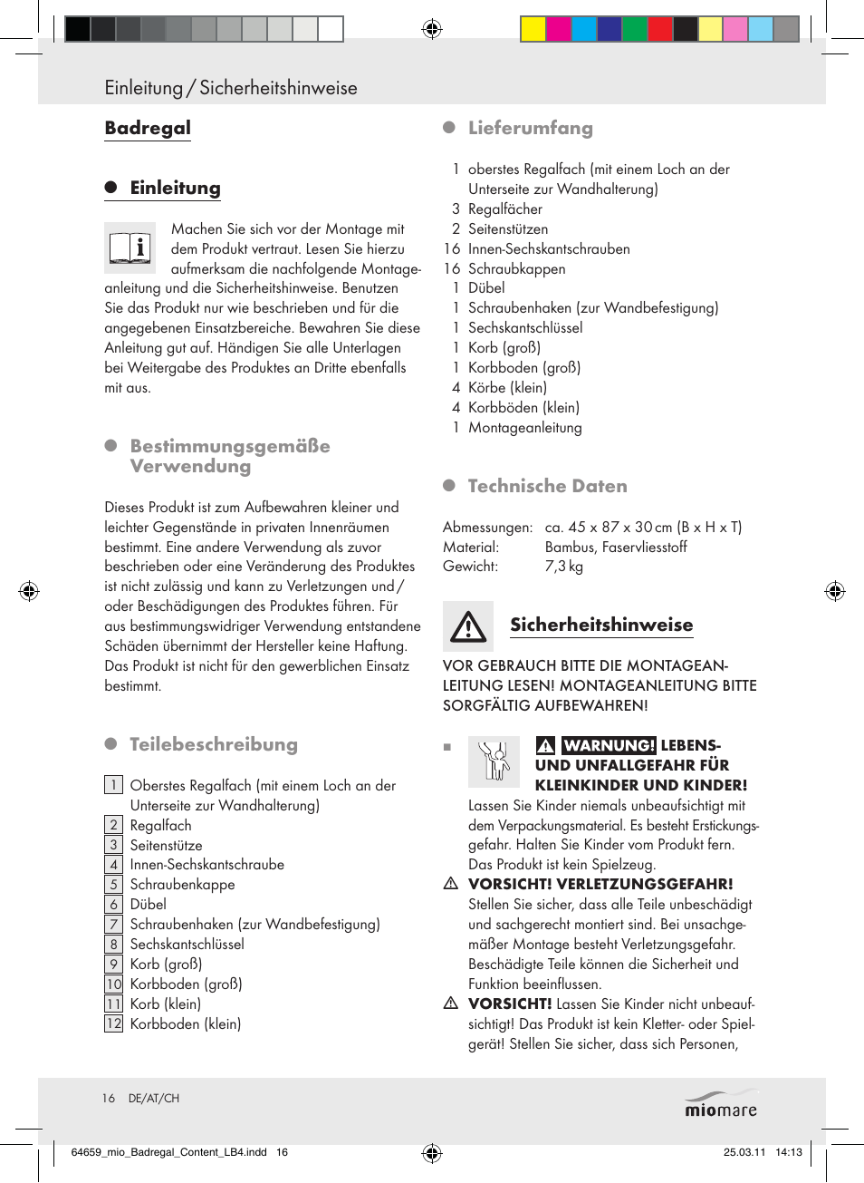 Einleitung / sicherheitshinweise, Badregal, Einleitung | Bestimmungsgemäße verwendung, Teilebeschreibung, Lieferumfang, Technische daten, Sicherheitshinweise | Miomare Z30840 User Manual | Page 14 / 19