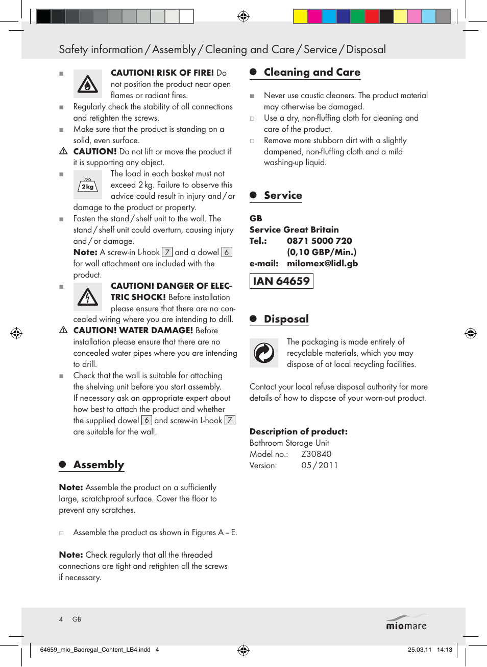Assembly, Cleaning and care, Service | Disposal | Miomare Z30840 User Manual | Page 2 / 19