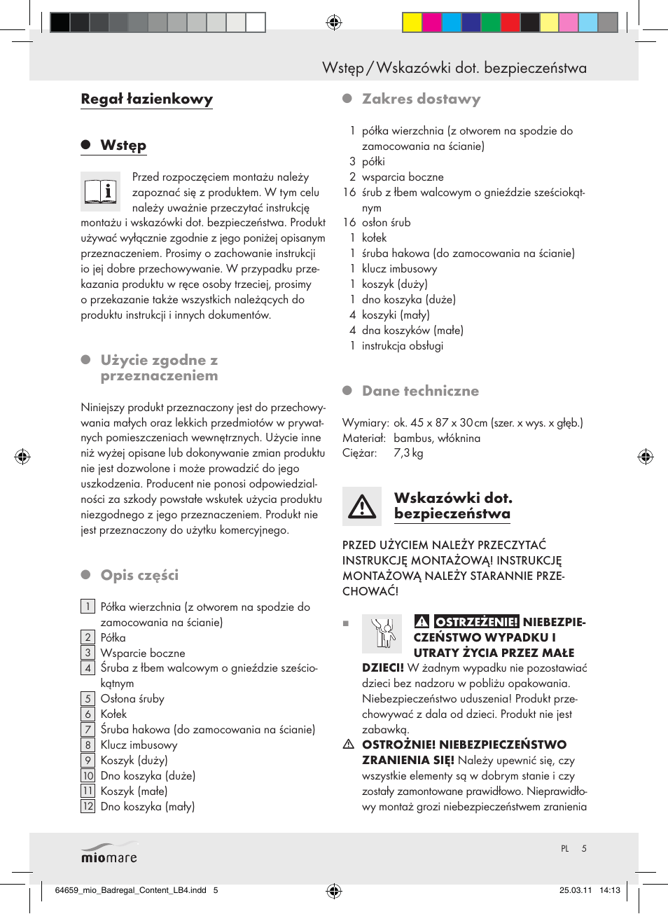 Wstęp / wskazówki dot. bezpieczeństwa, Regał łazienkowy, Wstęp | Użycie zgodne z przeznaczeniem, Opis części, Zakres dostawy, Dane techniczne, Wskazówki dot. bezpieczeństwa | Miomare Z30840 User Manual | Page 3 / 19