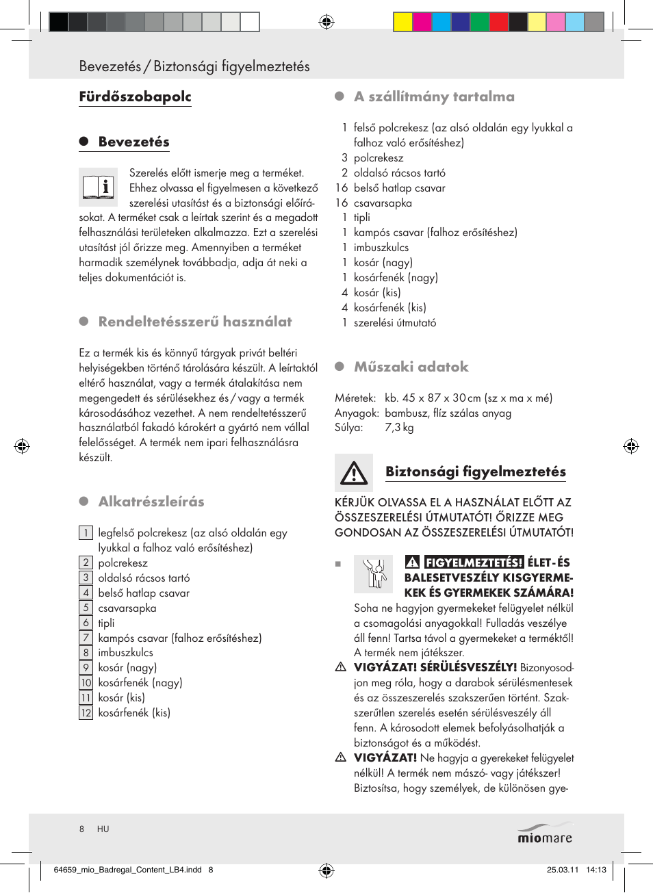 Bevezetés / biztonsági figyelmeztetés, Fürdőszobapolc, Bevezetés | Rendeltetésszerű használat, Alkatrészleírás, A szállítmány tartalma, Műszaki adatok, Biztonsági figyelmeztetés | Miomare Z30840 User Manual | Page 6 / 19