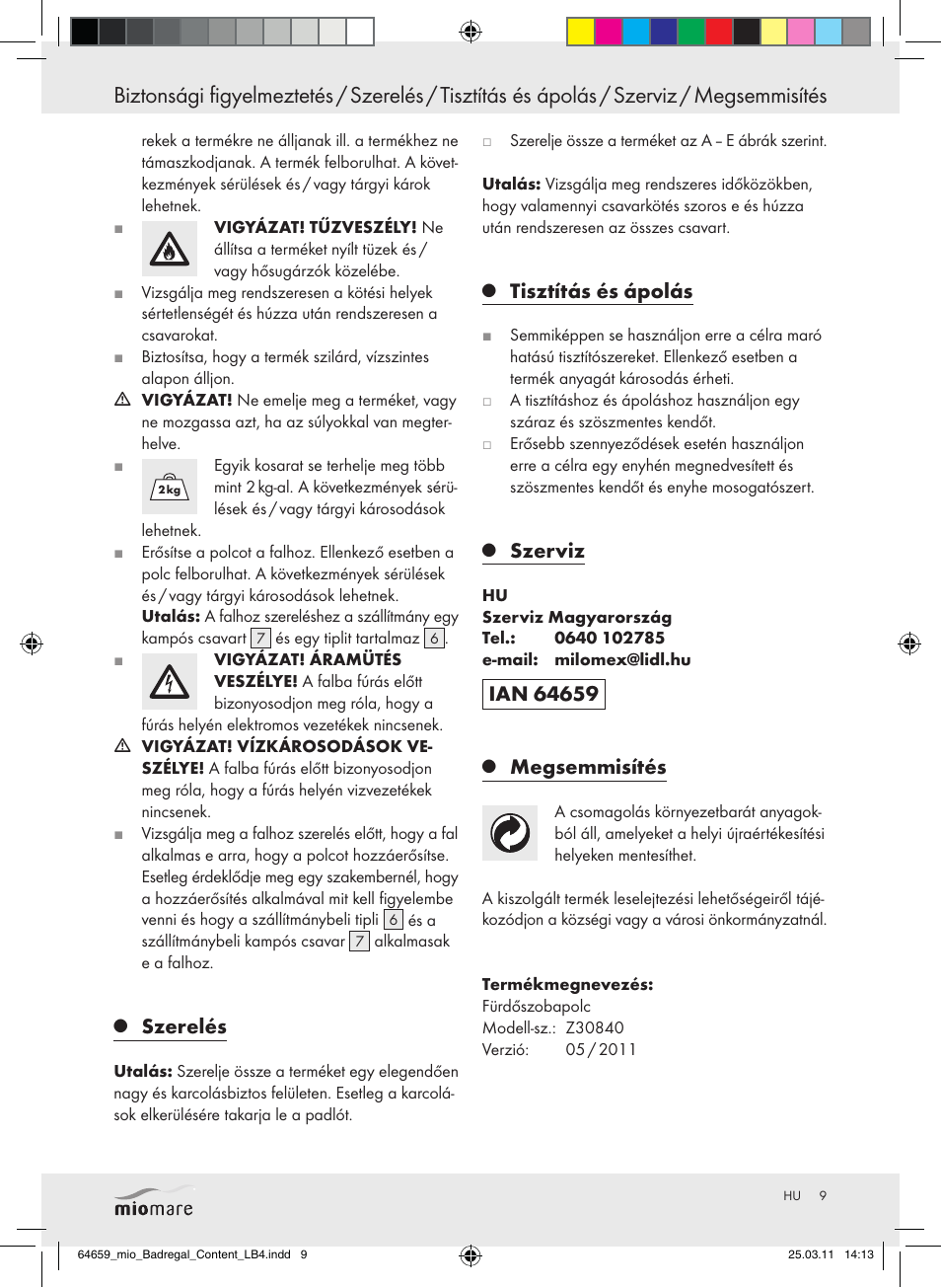 Szerelés, Tisztítás és ápolás, Szerviz | Megsemmisítés | Miomare Z30840 User Manual | Page 7 / 19