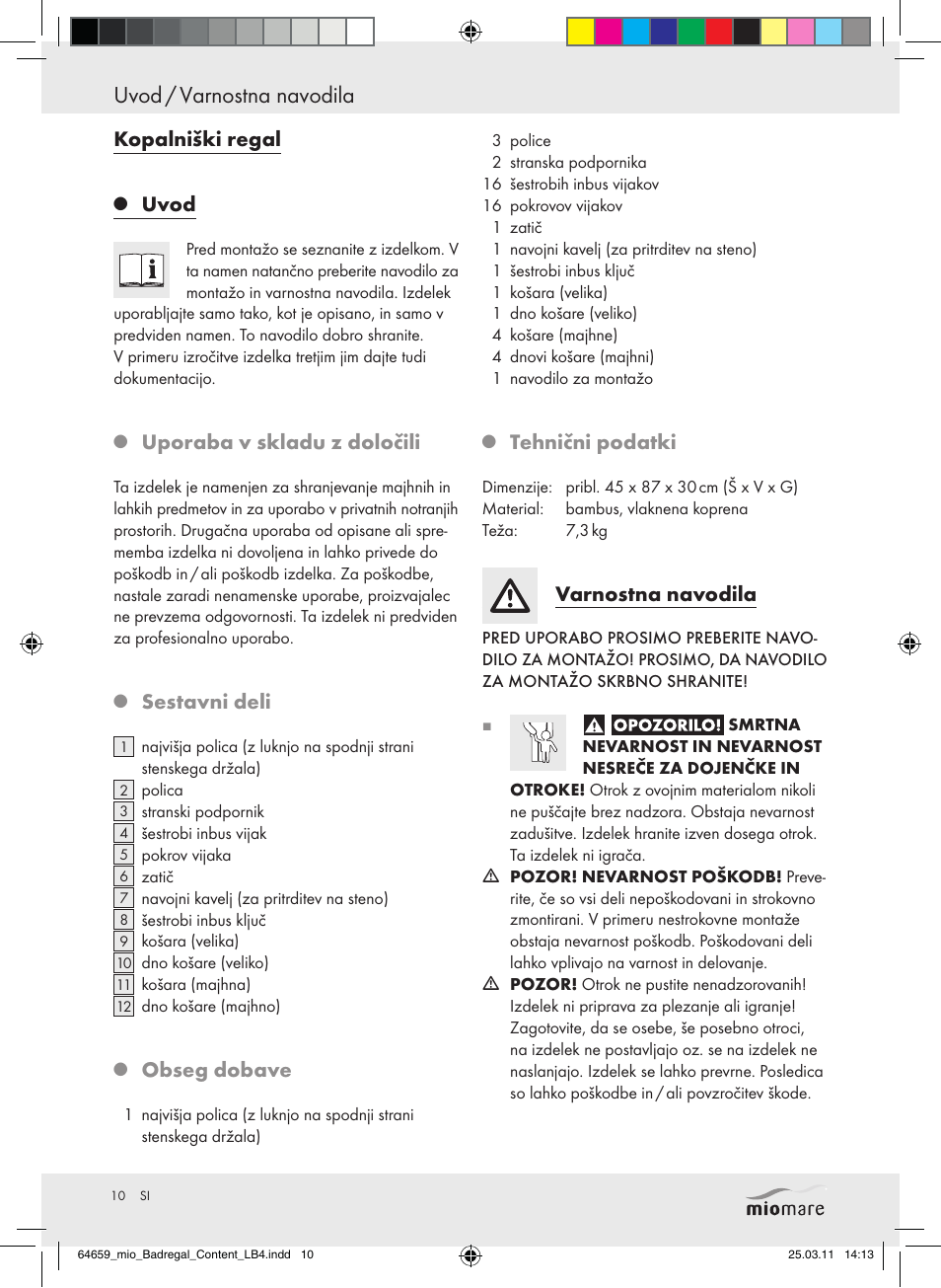 Uvod / varnostna navodila, Kopalniški regal, Uvod | Uporaba v skladu z določili, Sestavni deli, Obseg dobave, Tehnični podatki, Varnostna navodila | Miomare Z30840 User Manual | Page 8 / 19