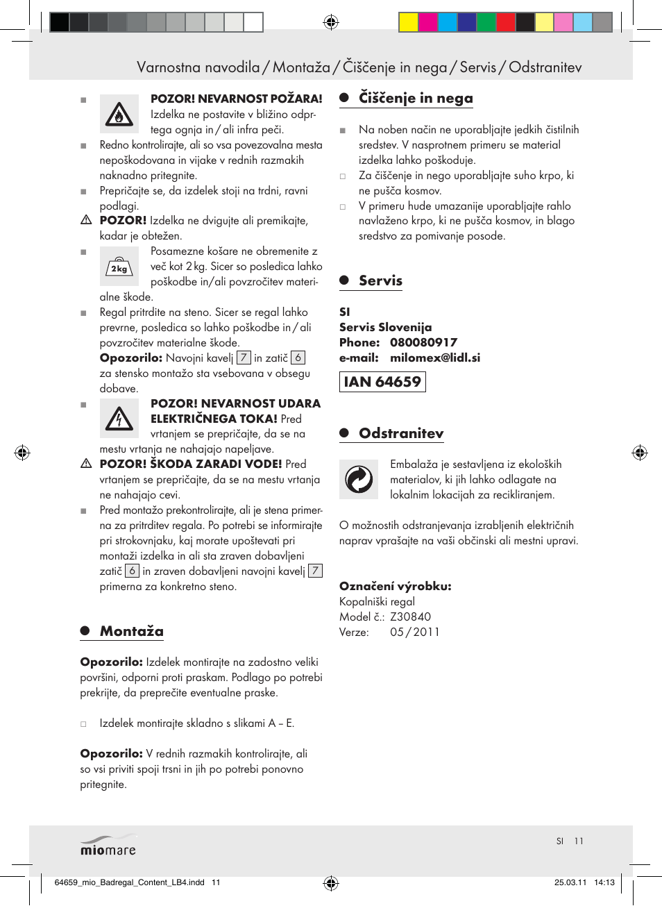 Montaža, Čiščenje in nega, Servis | Odstranitev | Miomare Z30840 User Manual | Page 9 / 19