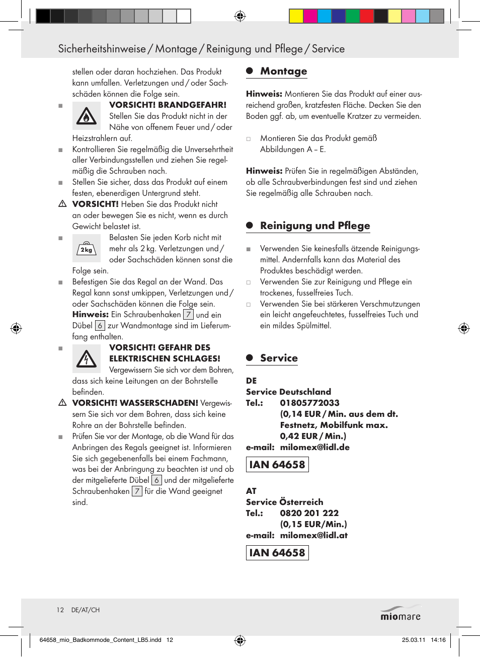 Montage, Reinigung und pflege, Service | Miomare Z30843 User Manual | Page 10 / 14