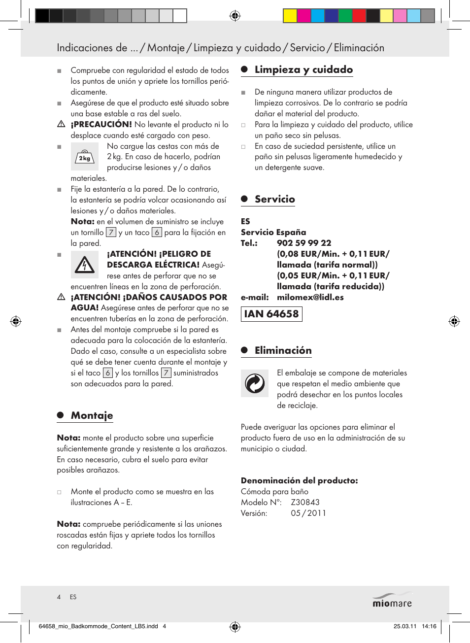 Montaje, Limpieza y cuidado, Servicio | Eliminación | Miomare Z30843 User Manual | Page 2 / 14