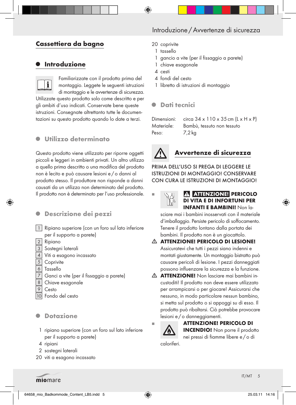 Introduzione / avvertenze di sicurezza, Cassettiera da bagno, Introduzione | Utilizzo determinato, Descrizione dei pezzi, Dotazione, Dati tecnici, Avvertenze di sicurezza | Miomare Z30843 User Manual | Page 3 / 14