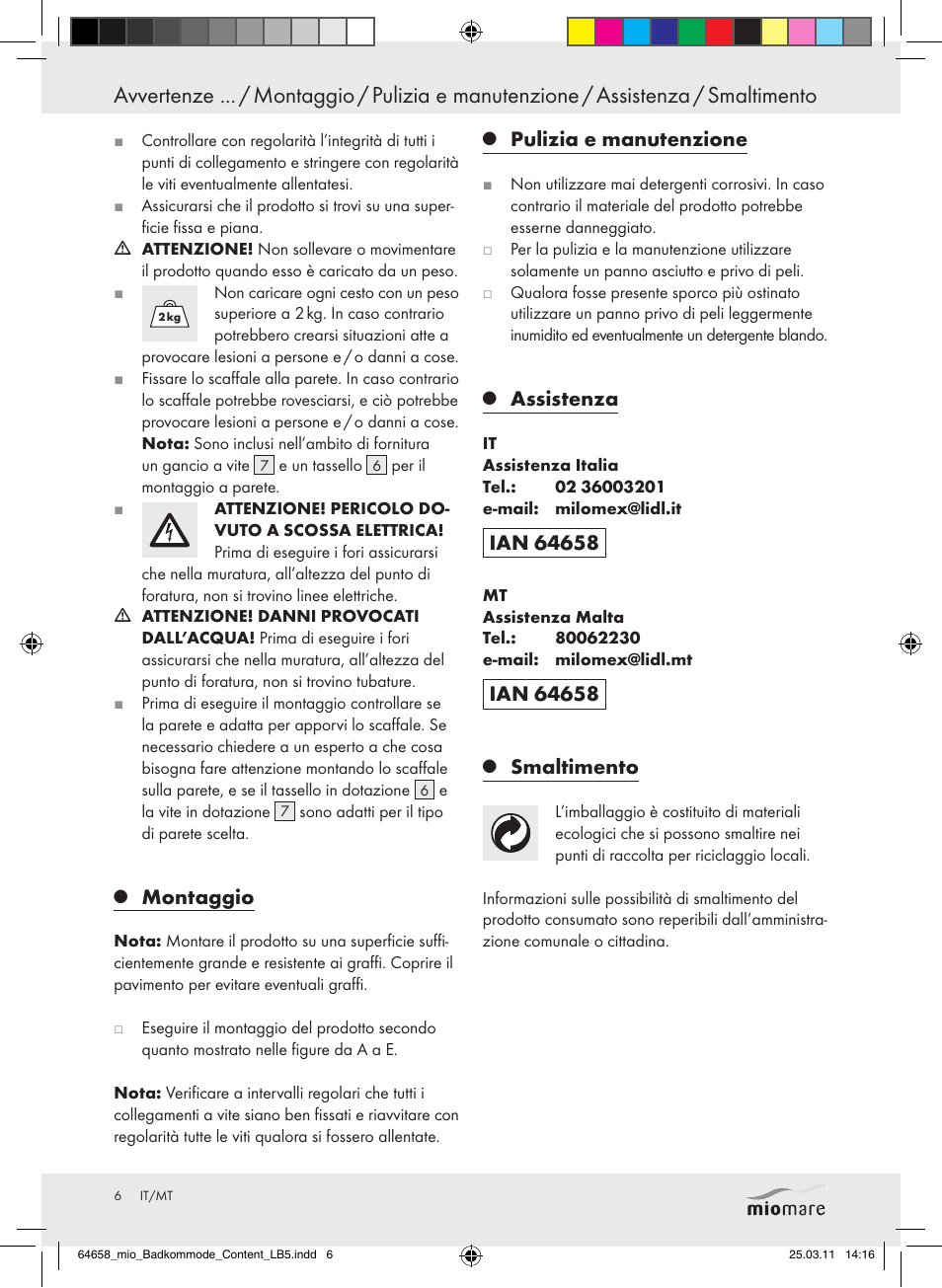 Montaggio, Pulizia e manutenzione, Assistenza | Smaltimento | Miomare Z30843 User Manual | Page 4 / 14