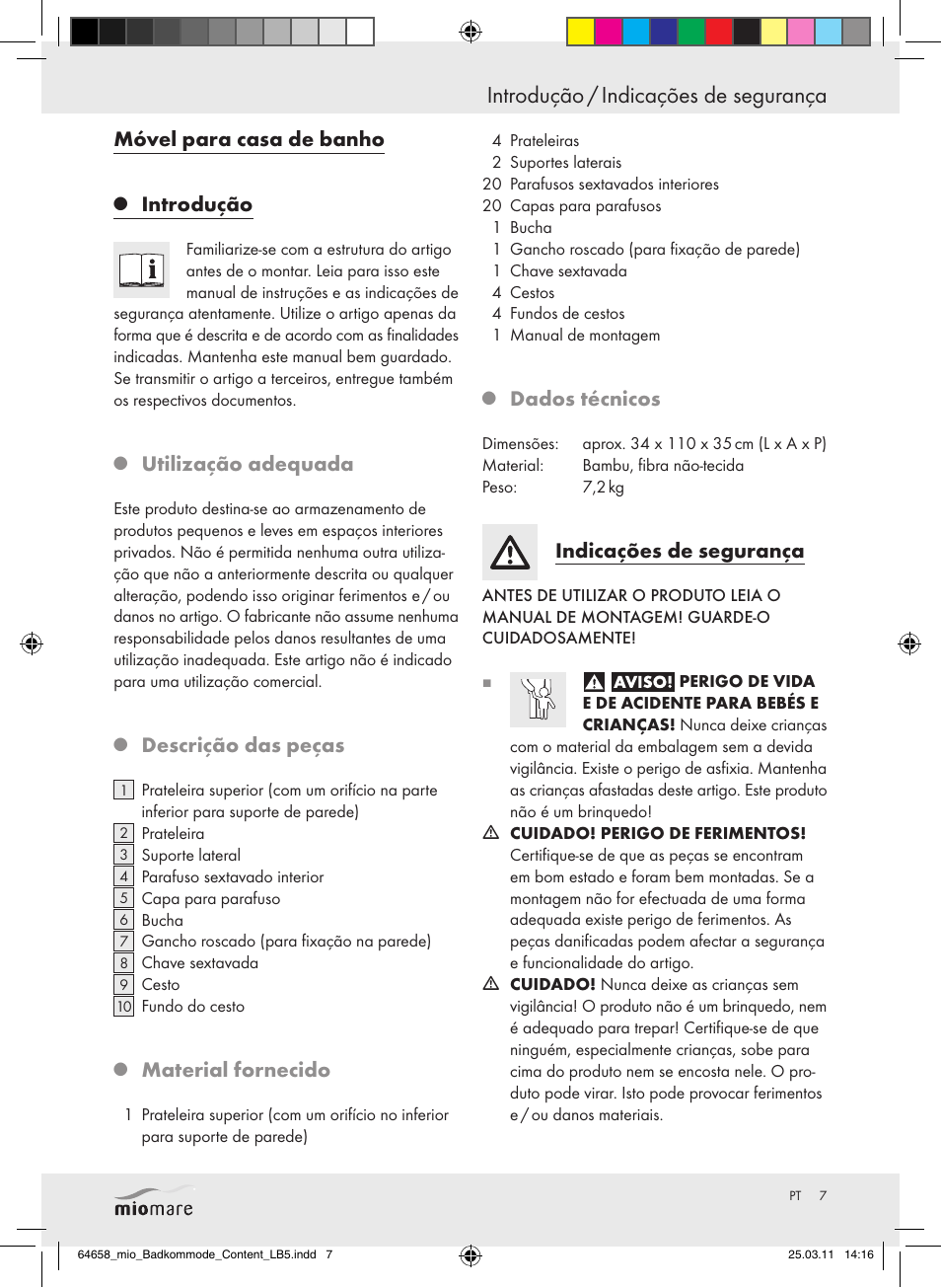 Introdução / indicações de segurança, Móvel para casa de banho, Introdução | Utilização adequada, Descrição das peças, Material fornecido, Dados técnicos, Indicações de segurança | Miomare Z30843 User Manual | Page 5 / 14