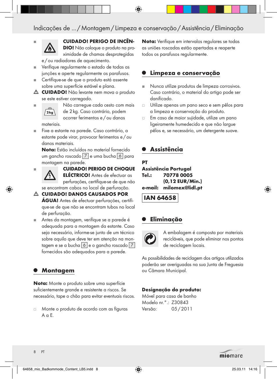 Montagem, Limpeza e conservação, Assistência | Eliminação | Miomare Z30843 User Manual | Page 6 / 14