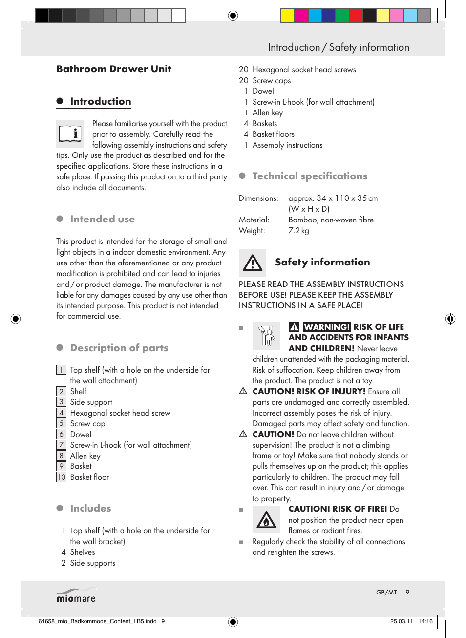 Introduction / safety information, Bathroom drawer unit, Introduction | Intended use, Description of parts, Includes, Technical specifications, Safety information | Miomare Z30843 User Manual | Page 7 / 14