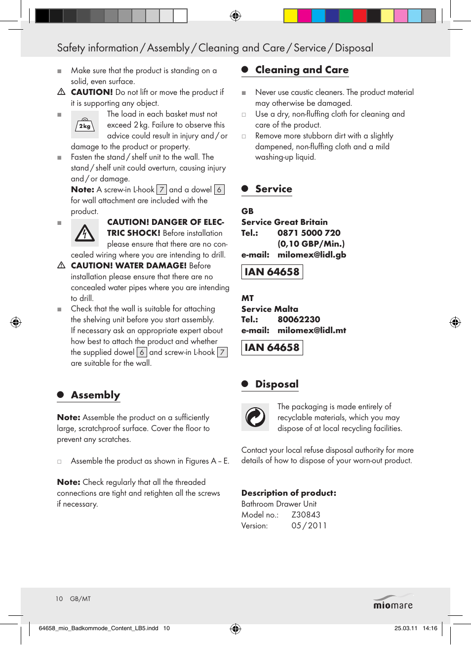 Assembly, Cleaning and care, Service | Disposal | Miomare Z30843 User Manual | Page 8 / 14