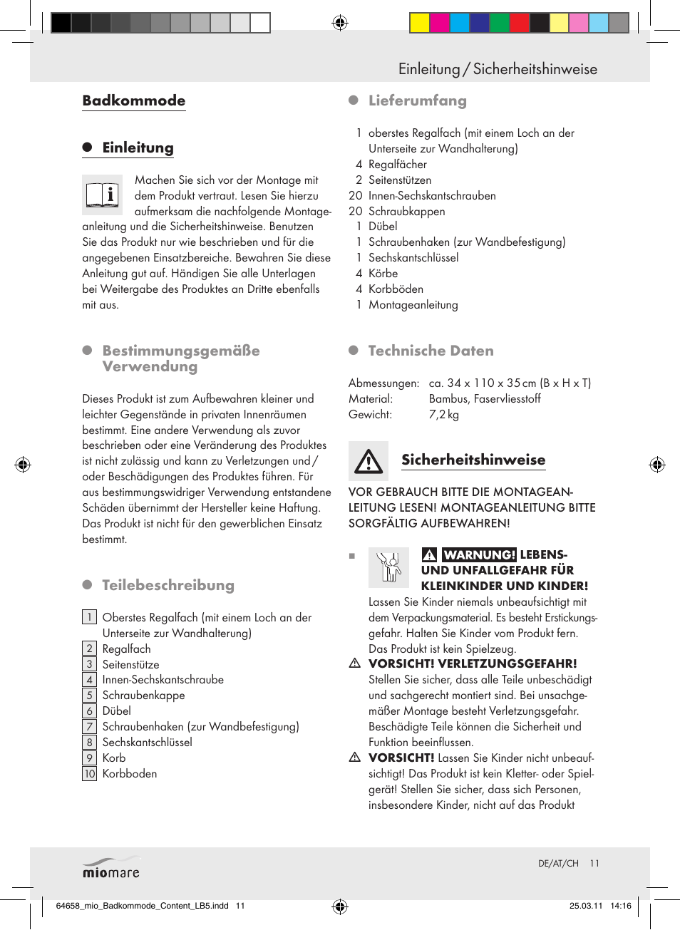 Einleitung / sicherheitshinweise, Badkommode, Einleitung | Bestimmungsgemäße verwendung, Teilebeschreibung, Lieferumfang, Technische daten, Sicherheitshinweise | Miomare Z30843 User Manual | Page 9 / 14