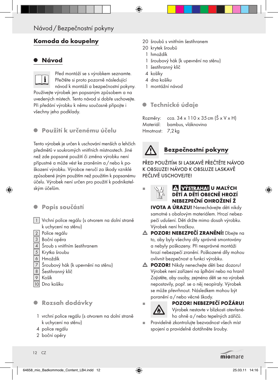 Návod / bezpečnostní pokyny, Komoda do koupelny, Návod | Použití k určenému účelu, Popis součástí, Rozsah dodávky, Technické údaje, Bezpečnostní pokyny | Miomare Z30843 User Manual | Page 10 / 19