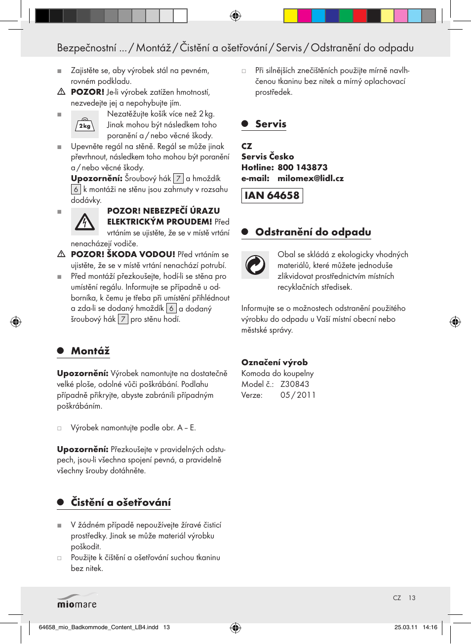 Montáž, Čistění a ošetřování, Servis | Odstranění do odpadu | Miomare Z30843 User Manual | Page 11 / 19