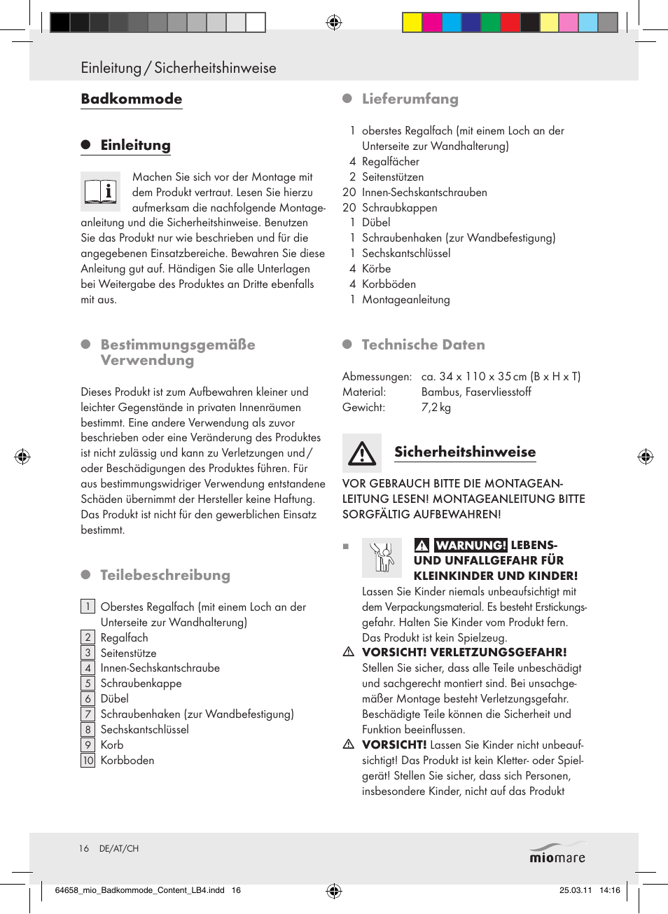 Einleitung / sicherheitshinweise, Badkommode, Einleitung | Bestimmungsgemäße verwendung, Teilebeschreibung, Lieferumfang, Technische daten, Sicherheitshinweise | Miomare Z30843 User Manual | Page 14 / 19