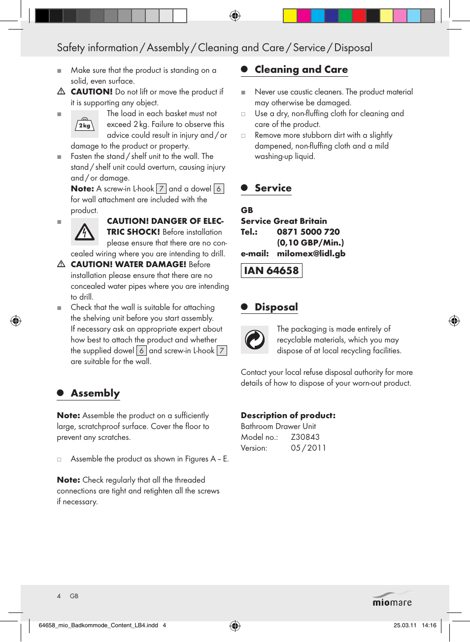 Assembly, Cleaning and care, Service | Disposal | Miomare Z30843 User Manual | Page 2 / 19