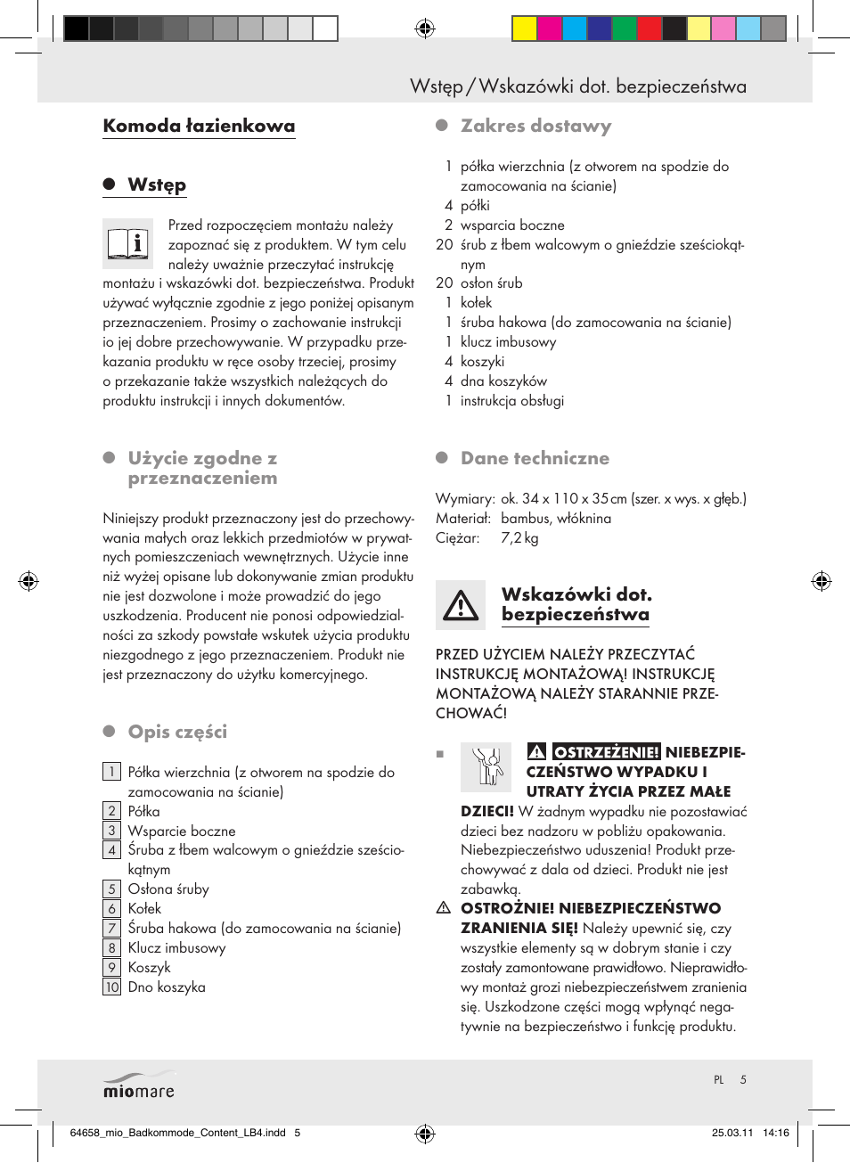 Wstęp / wskazówki dot. bezpieczeństwa, Komoda łazienkowa, Wstęp | Użycie zgodne z przeznaczeniem, Opis części, Zakres dostawy, Dane techniczne, Wskazówki dot. bezpieczeństwa | Miomare Z30843 User Manual | Page 3 / 19