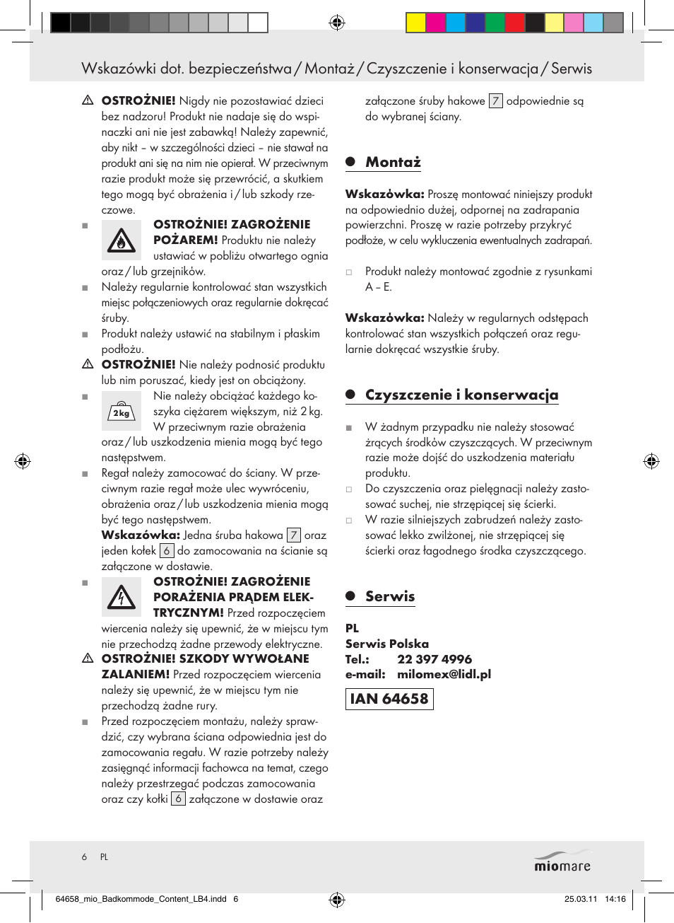 Montaż, Czyszczenie i konserwacja, Serwis | Miomare Z30843 User Manual | Page 4 / 19