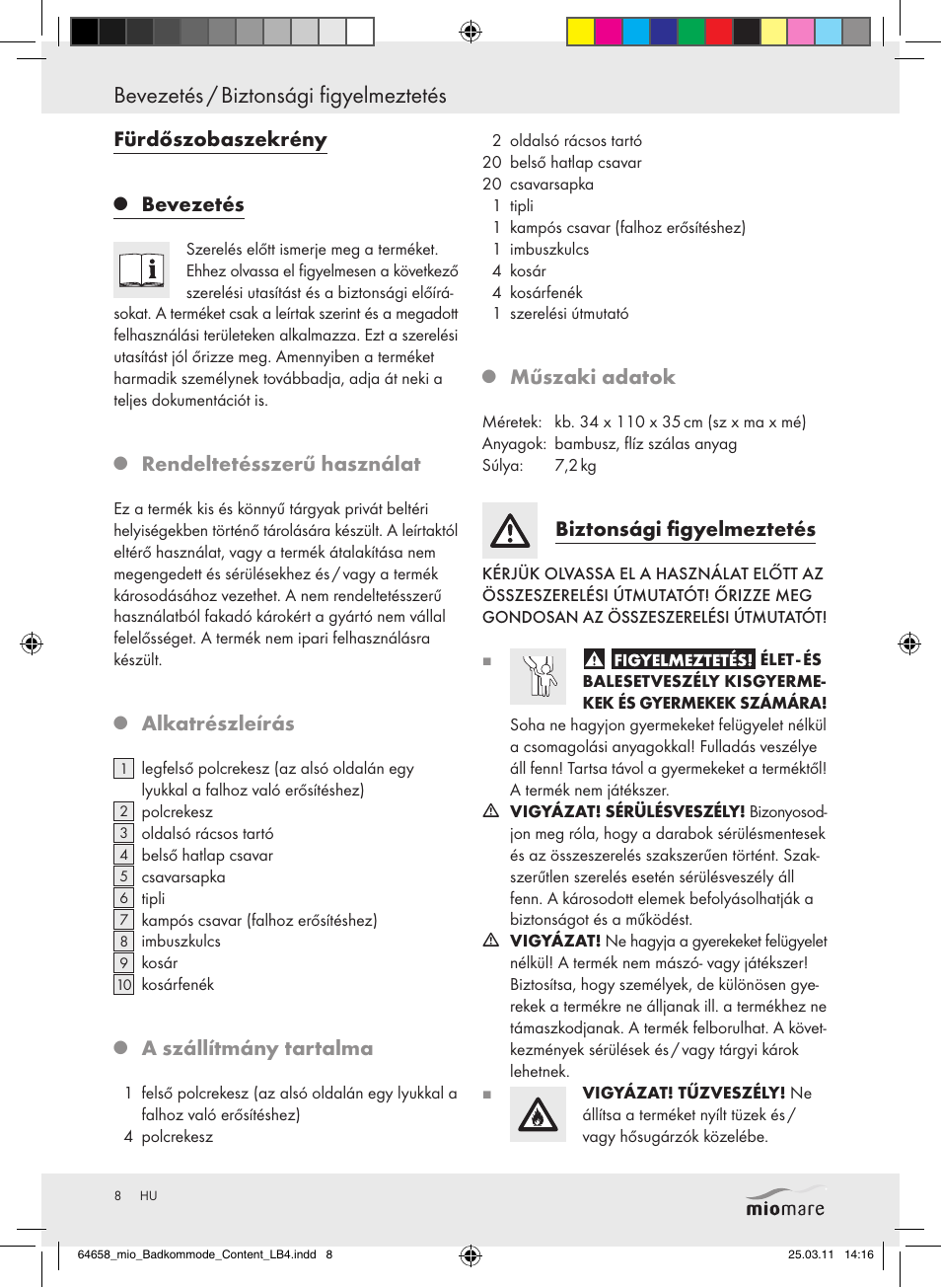 Bevezetés / biztonsági figyelmeztetés, Fürdőszobaszekrény, Bevezetés | Rendeltetésszerű használat, Alkatrészleírás, A szállítmány tartalma, Műszaki adatok, Biztonsági figyelmeztetés | Miomare Z30843 User Manual | Page 6 / 19