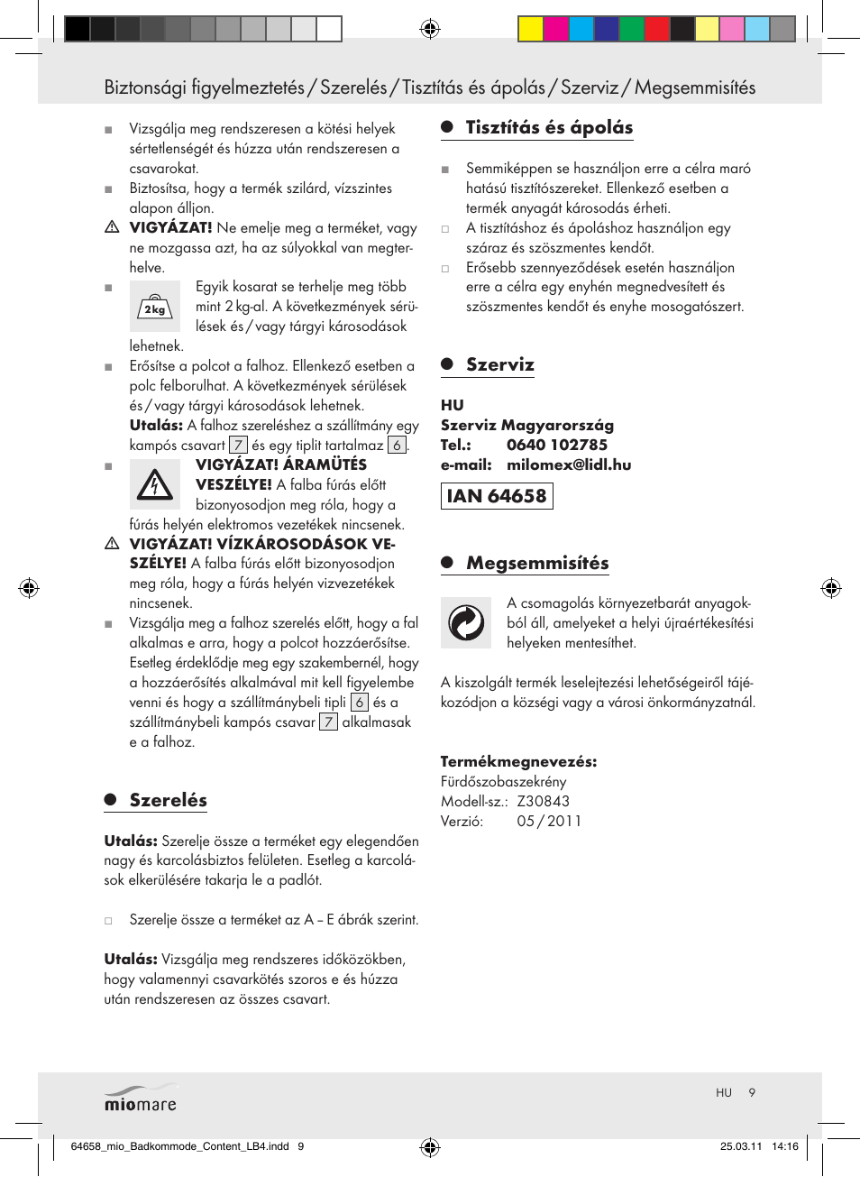 Szerelés, Tisztítás és ápolás, Szerviz | Megsemmisítés | Miomare Z30843 User Manual | Page 7 / 19