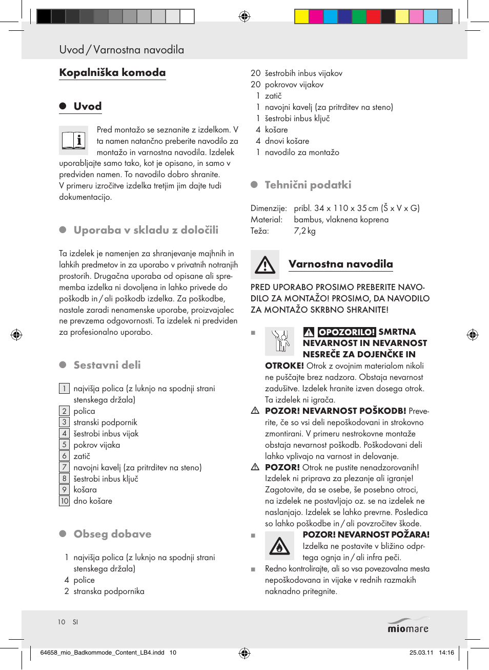 Uvod / varnostna navodila, Kopalniška komoda, Uvod | Uporaba v skladu z določili, Sestavni deli, Obseg dobave, Tehnični podatki, Varnostna navodila | Miomare Z30843 User Manual | Page 8 / 19