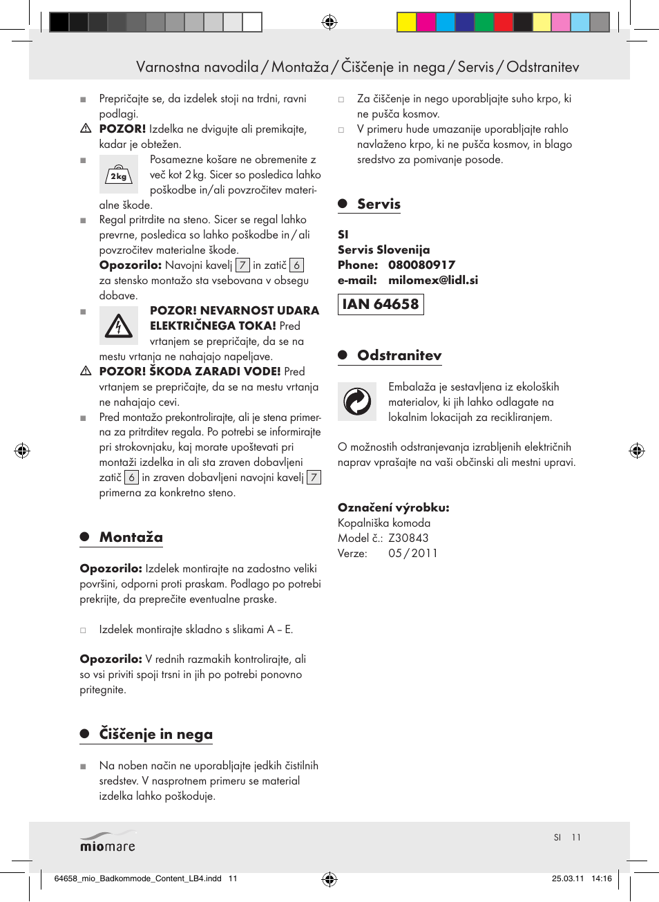 Montaža, Čiščenje in nega, Servis | Odstranitev | Miomare Z30843 User Manual | Page 9 / 19