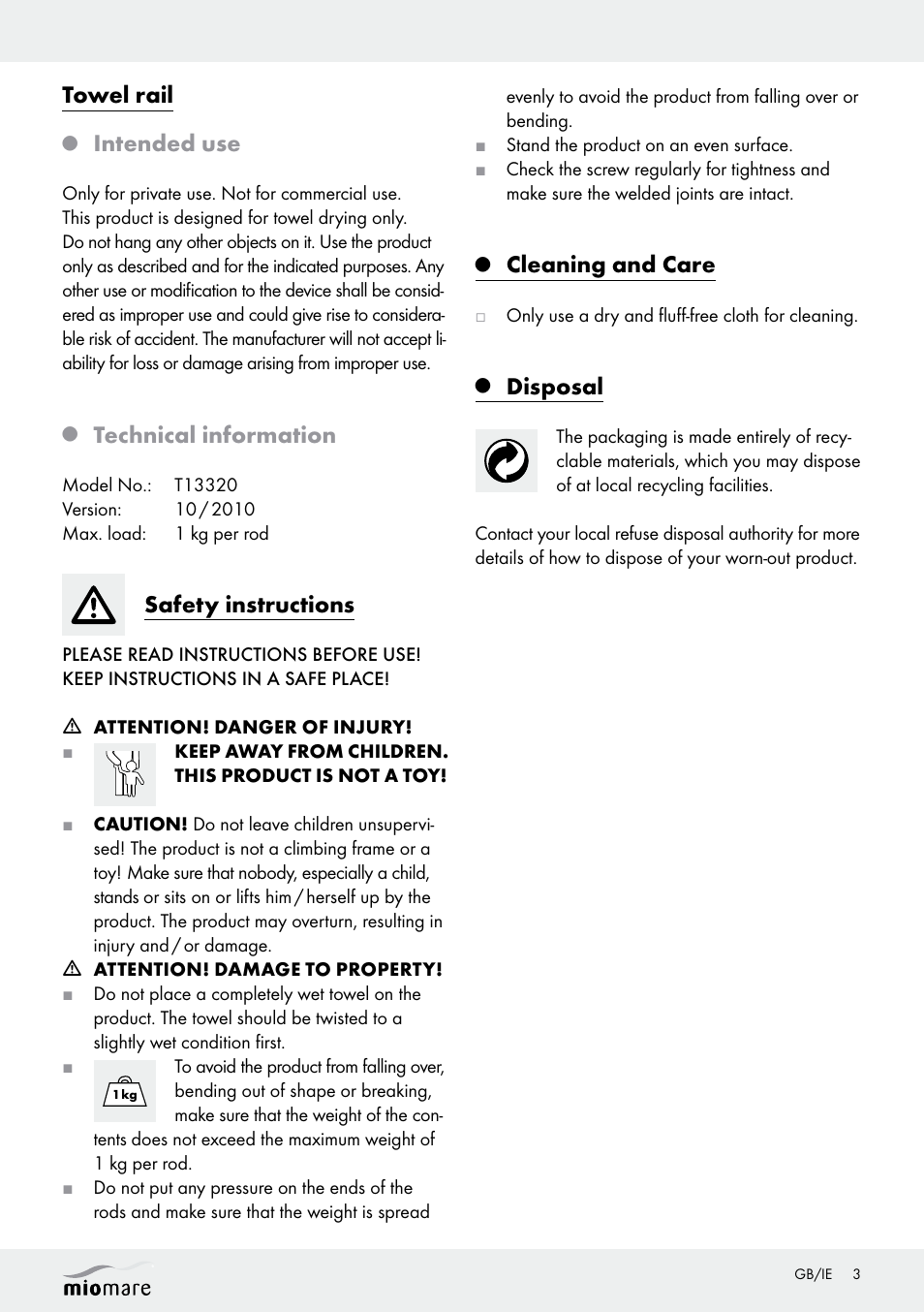 Towel rail, Intended use, Technical information | Safety instructions, Cleaning and care, Disposal | Miomare T13320 User Manual | Page 3 / 10